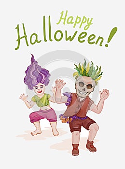 Vector halloween illustration with two kids in fancy dress