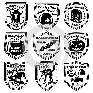 Vector Halloween labels set. With pumpkin, skull, ghost, cauldron, bat, witch hat, cat etc.