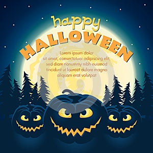 Vector Halloween party illustration with scary pumpkins, full moon and trees and on dark sky background. Holiday magic forest