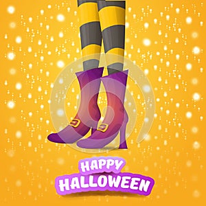 Vector cartoon halloween party poster with women witch legs and vintage ribbon with text happy halloween on orange