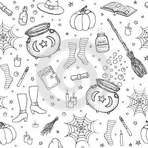 Vector Halloween pattern with hand drawn pumpkin, cauldron, spider web, potions, magic books, witchâ€™s broom, hat, socks