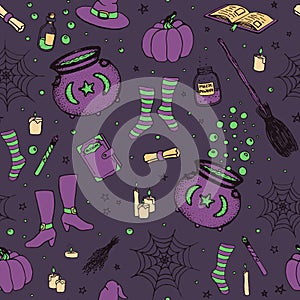 Vector Halloween pattern with hand drawn pumpkin, cauldron, spider web, potions, magic books, witchâ€™s broom, hat, socks, boots