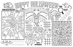 Vector Halloween placemat for kids. Fall holiday printable activity mat with maze, tic tac toe charts, connect the dots, find