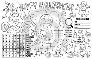 Vector Halloween placemat for kids. Fall holiday printable activity mat with maze, tic tac toe charts, connect the dots, find