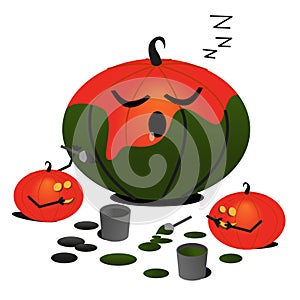 Vector halloween pumpkin. Pumpkin is joking. Pumpkins play and play. Halloween cartoon sticker. Flat festive illustration.
