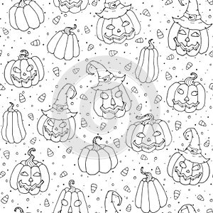 Vector Halloween seamless pattern with candy corns, smiling pumpkins and witch hats black outline. Holiday background for wrapping