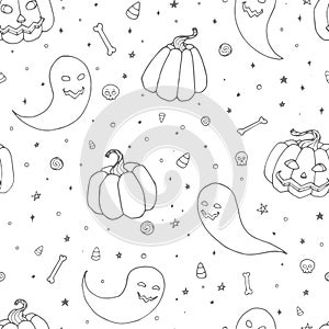 Vector Halloween seamless pattern with pumpkins, ghosts with scary faces, bones, skulls and candy corn outline in sketch style. Ha