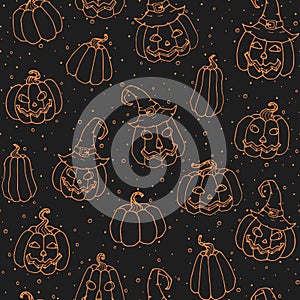 Vector Halloween seamless pattern with smiling pumpkins and witch hats orange outline on the black background