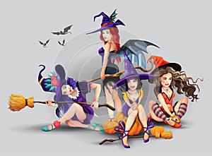 Vector Halloween Set with Beautiful witches. Poster with group of witches in beautiful poses. Beautiful Girl is sitting, resting,