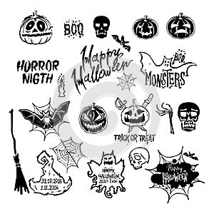 Vector Halloween set, drawn Halloween symbols pumpkin, broom, bat, spider webs, lettering and stylized drawing in vintage style