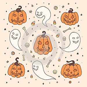 Vector Halloween set with orange pumpkins, ghosts with scary faces, bones, skulls and candy corn in sketch style