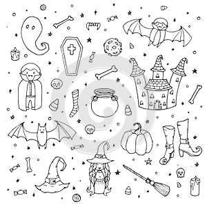 Vector Halloween set with pumpkins, ghosts, vampire, witch, hat, broom, cauldron, house, bats, bones, skulls, candy corn outline