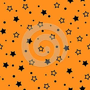 Vector Halloween Stars Seamless Pattern. Abstract black and orange background with starry repeat texture. Simple autumn