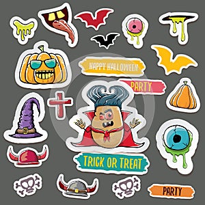 Vector halloween sticker icons set with dracula, witch hat, scary pumpkin, bat , skull, happy halloween text, demon and