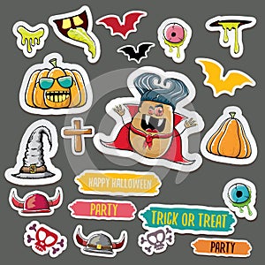 Vector halloween sticker icons set with dracula, witch hat, scary pumpkin, bat , skull, happy halloween text, demon and