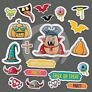 Vector halloween sticker icons set with dracula, witch hat, scary pumpkin, bat , skull, happy halloween text, demon and