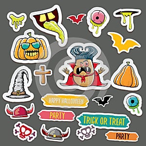 Vector halloween sticker icons set with dracula, witch hat, scary pumpkin, bat , skull, happy halloween text, demon and