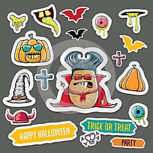 Vector halloween sticker icons set with dracula, witch hat, scary pumpkin, bat , skull, happy halloween text, demon and