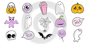 Vector Halloween symbol single element set. Cute stickers in cartoon style. Ghost, skull, pumpkin, spider.