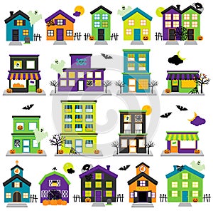 Vector Halloween Town with Haunted Houses, Shops