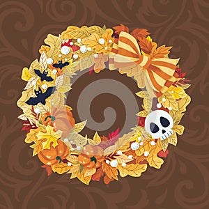 Vector Halloween wreath with pumpkin and bats