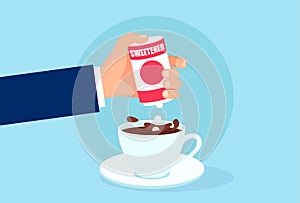 Vector of a hand with box sweetener adding tablets to cup of coffee
