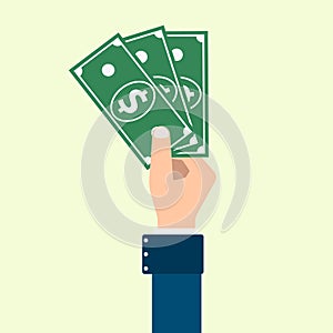 Vector hand with a bundle of dollars
