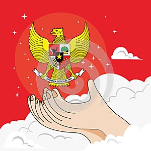 Vector hand carry a pancasila in the sky illustration photo