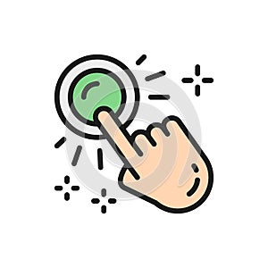 Vector hand click, button press, finger touch, pointer flat color line icon.