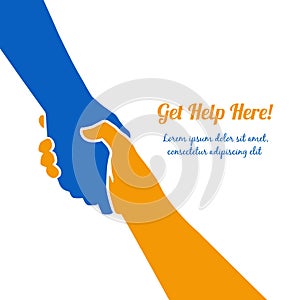 Vector hand concept. Gesture, sign of help and hope logo. Two hands taking each other, blue yellow flag colors. Support