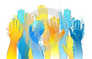 Vector hand concept. Gesture, sign of help and hope logo. Two hands taking each other, blue yellow flag colors. Support