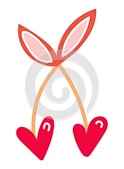 Vector hand draw card two hearts in the shape of hearts in funny style on a white background. Red be rry with leaves. Greeting