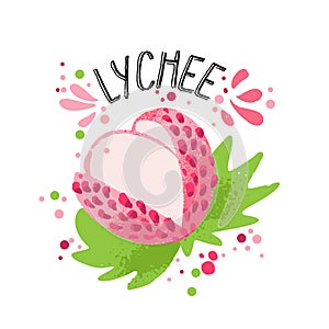 Vector hand draw colored lichee illustration. Pink, white lichee with pulp and green leaves. Fresh tropical fruits photo