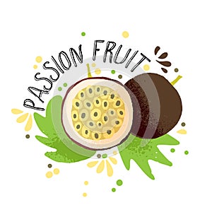 Vector hand draw colored passion fruit illustration. Brown yellow passion fruit with pulp, fruits bones and green leaves