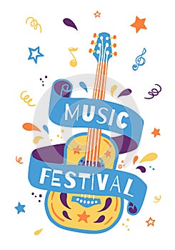 Vector hand draw illustration with acoustic guitar and lettering. Great element for music festival or t-shirt. Event