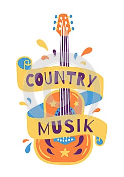 Vector hand draw illustration with acoustic guitar and lettering. ountry music Great element for music festival or t