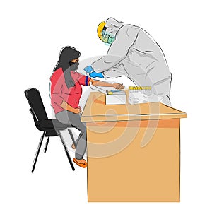 Vector Hand Draw Sketch, Standing Doctor or Nurse Use Hazmat and Face Shield Preparing Blood Test for Covid-19, to the sitting