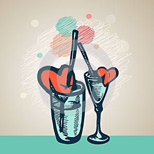 Vector hand drawing 2 glasses with cocktail straw and a broken heart.