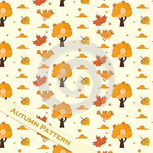 vector hand drawing Autumn theme pattern cute maple tree leaf and bird element cartoon background pattern