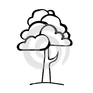 Hand drawing black and white tree. Cartoon style