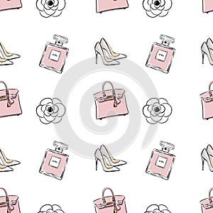 Vector hand drawing drawing fashion sketch shoes, perfume, bag, flowers, beads. Trend graphic contrasting glamour fashion seamless