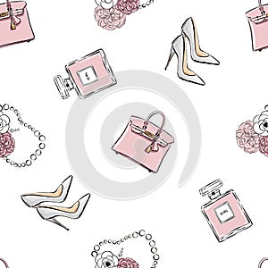 Vector hand drawing drawing fashion sketch shoes, perfume, bag, flowers, beads. Trend graphic contrasting glamour fashion seamless