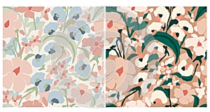 Vector hand drawing flower illustration seamless repeat pattern 2 color ways set