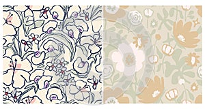 Vector hand drawing flower illustration seamless repeat pattern 2 designs set