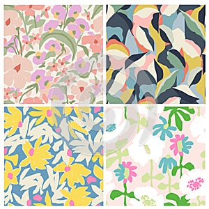 Vector hand drawing flower illustration seamless repeat pattern 4 designs set