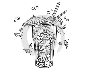 vector hand -drawing illustration cocktail mochito black and white color, coloring page