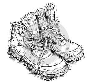 Vector Hand Drawing of Pair of Worn Hiking Boots