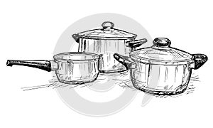 Vector Hand Drawing of Set of Cooking Pots