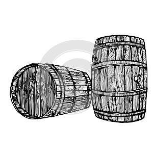 Vector hand drawing wine barrel. Ink drawn wooden barrel in rustic style. Isolated on white background. Hand drawn