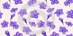 Abstract flowers seamless pattern. Purple floral brush on a beige background. photo